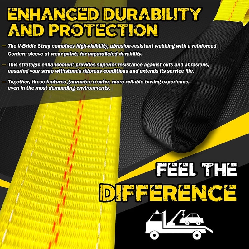 FITHOIST 2PC V-Bridle Tow Strap 2" x 4' with Snap Hooks, Cordura Sleeve, and Axle Straps, D-Ring for Enhanced Stability, Recovery Strap 5500lbs Load for Car Towing, Rollback, Flatbed, Tow Truck - Image 3
